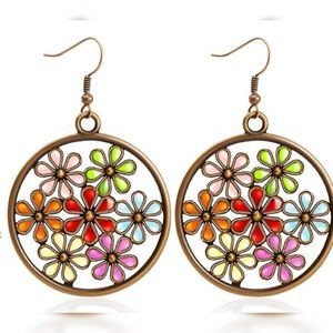 Golden alloy colorful floral circle drop earrings